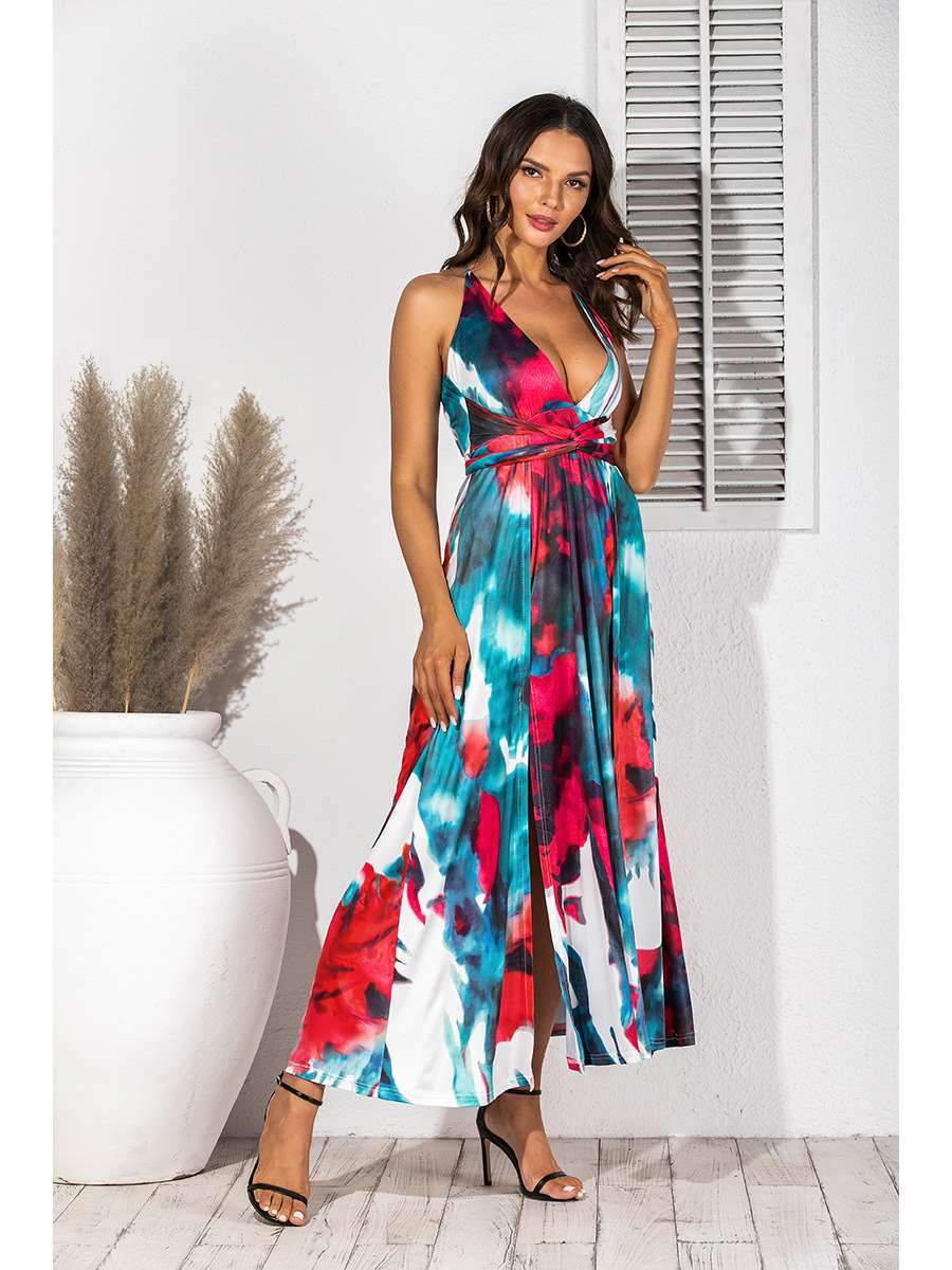 Fashion V neck Print Sleeveless Maxi Dresses