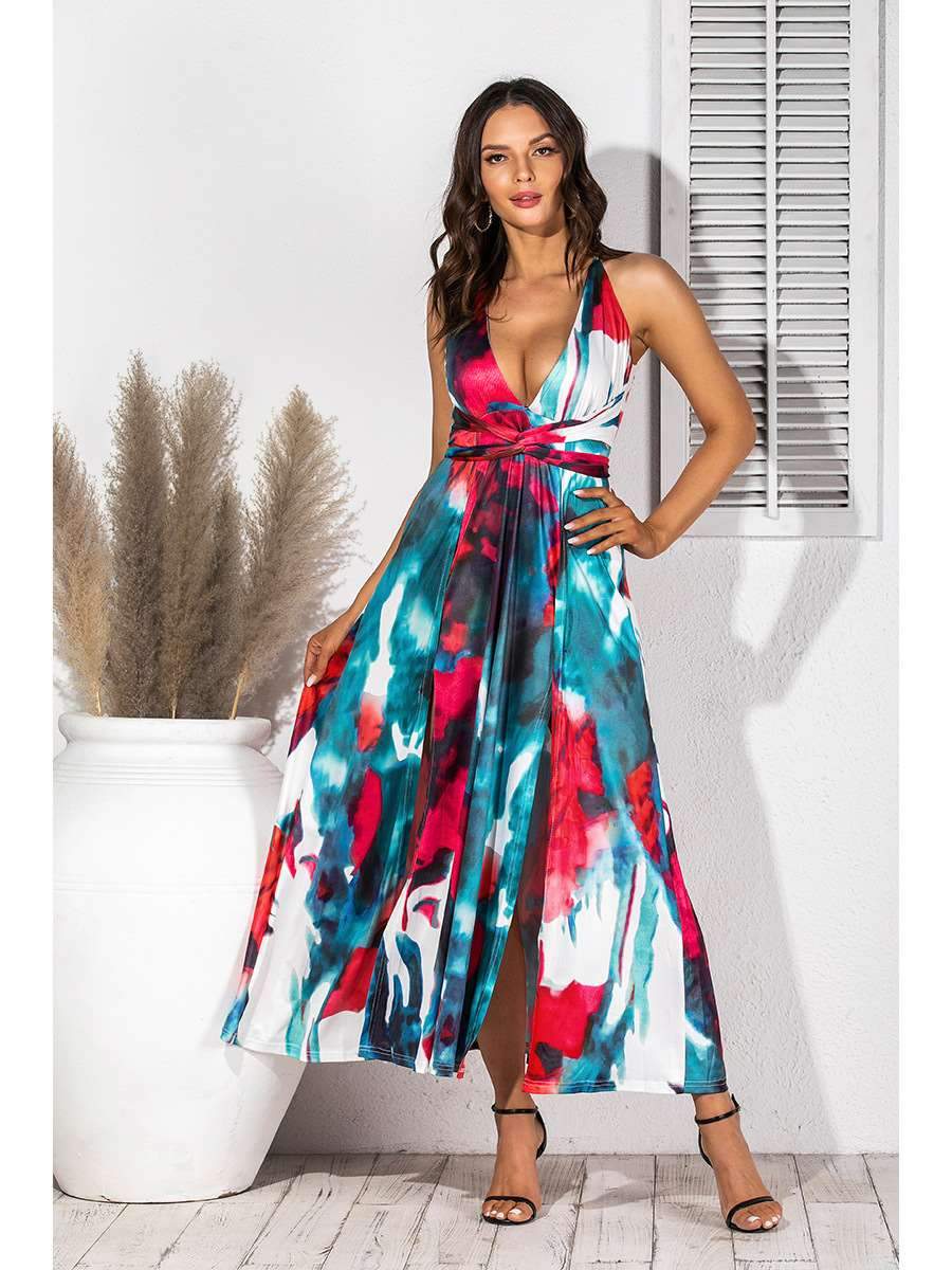 Fashion V neck Print Sleeveless Maxi Dresses