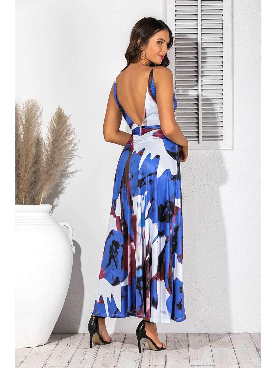 Fashion V neck Print Sleeveless Maxi Dresses