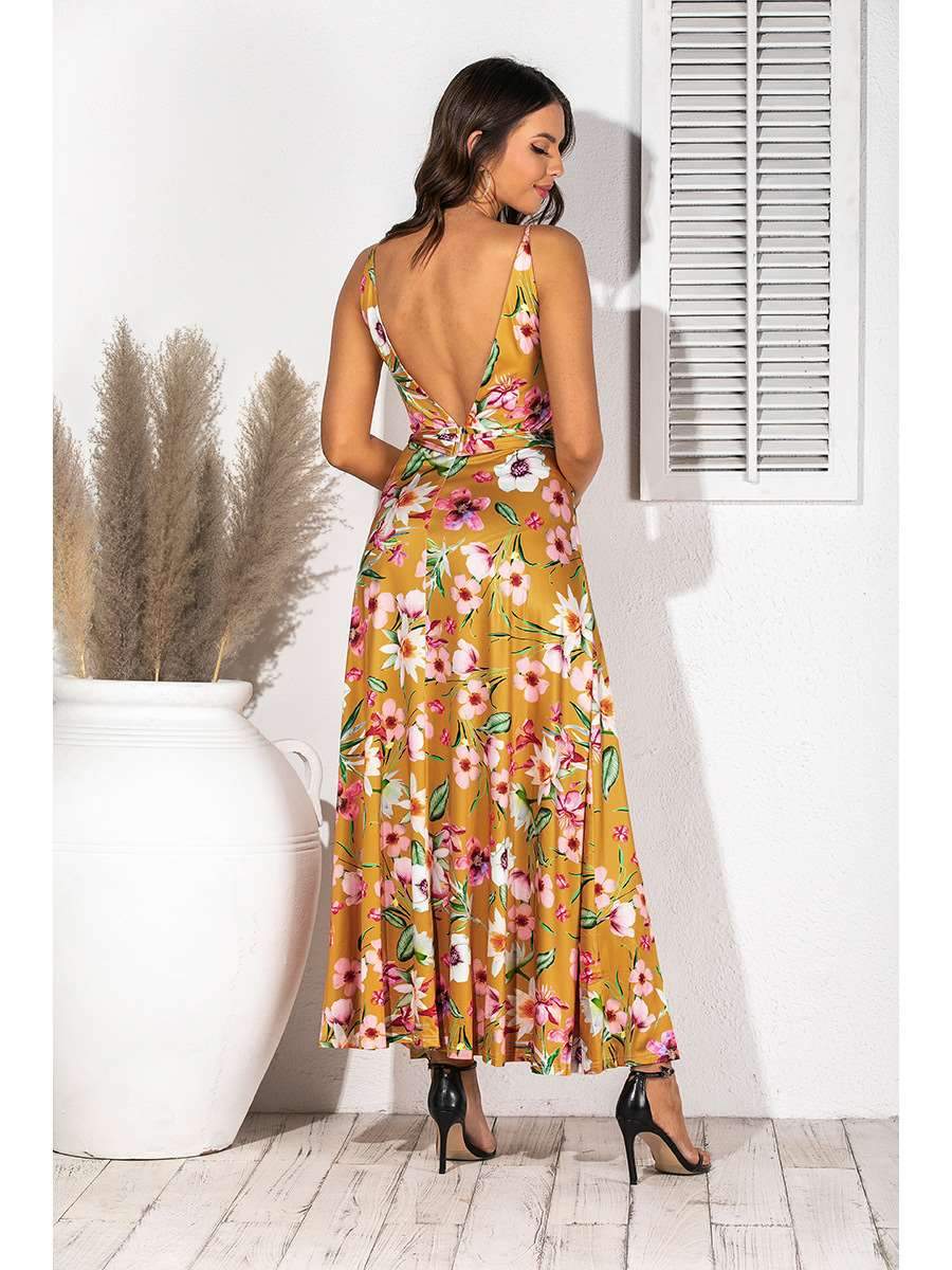Fashion V neck Print Sleeveless Maxi Dresses
