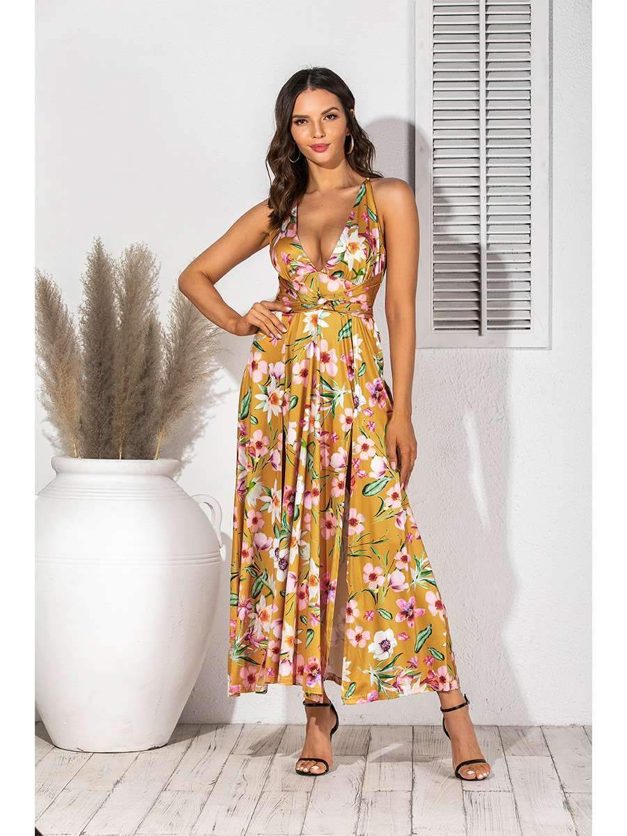 Fashion V neck Print Sleeveless Maxi Dresses