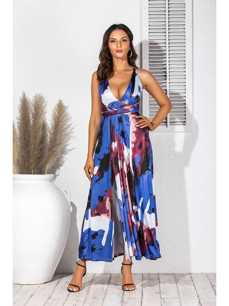 Fashion V neck Print Sleeveless Maxi Dresses