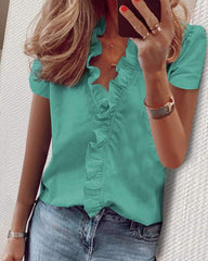 Fashion V neck Short sleeve Pure Falbala Blouses
