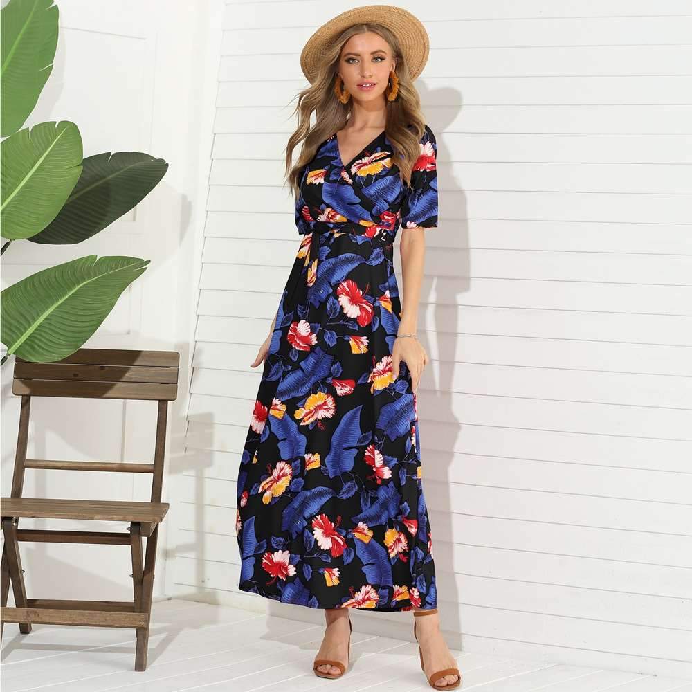 Fashion V neck Short sleeve Lacing Maxi Dresses