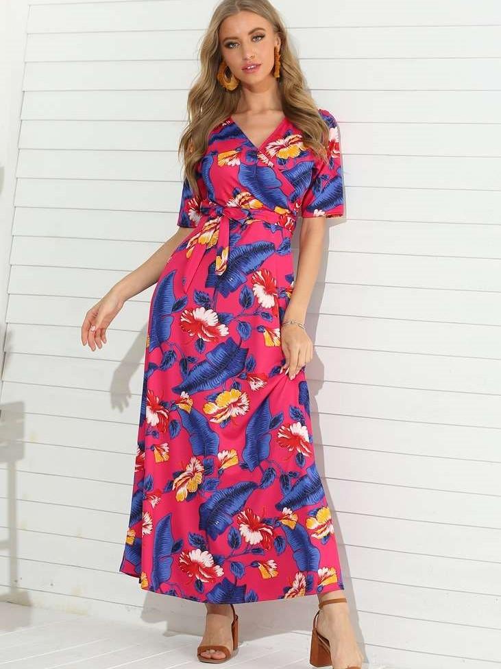 Fashion V neck Short sleeve Lacing Maxi Dresses