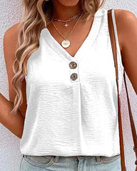 Button V Neck Sleeveless Solid Color Loose Fit Tunic Tank Top