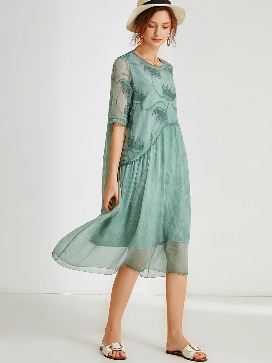 Size Curve Dresses Fashion Slim Stitching Embroidery Midi Dress