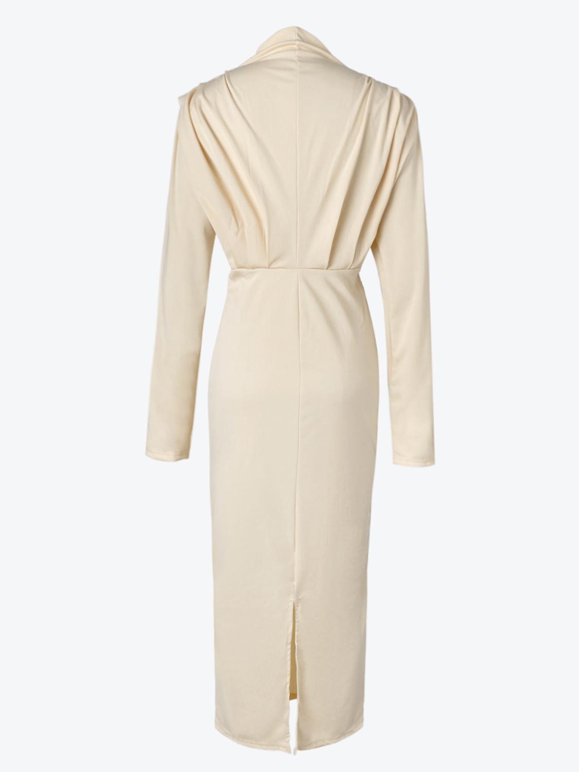 Solid Pleated Mock Neck Slim Dress