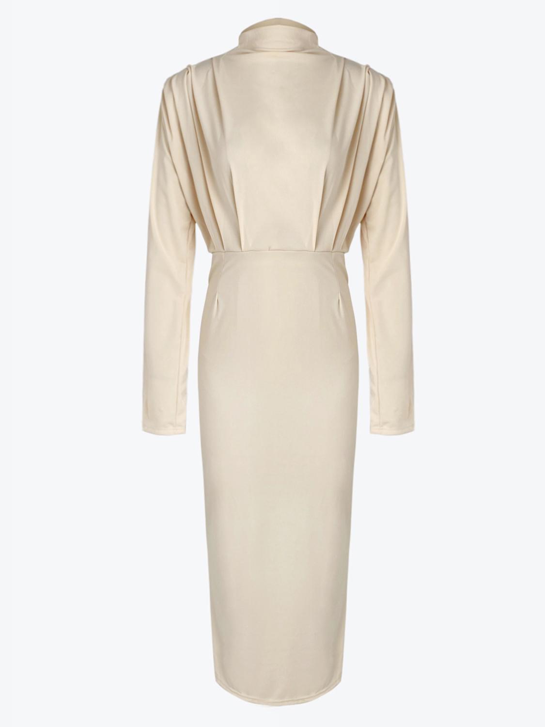 Solid Pleated Mock Neck Slim Dress