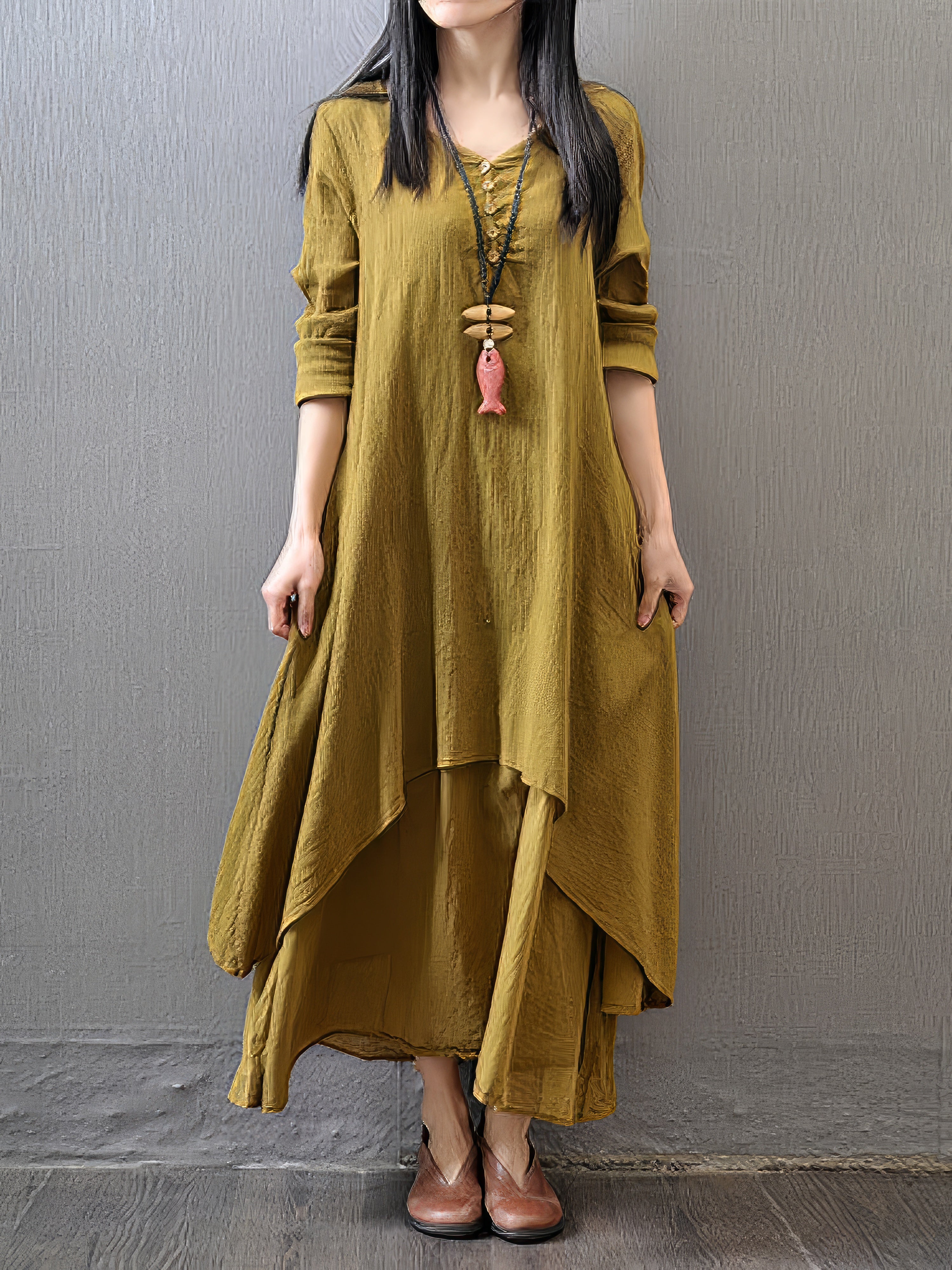 Casual Swing Solid Color Long Sleeve Button Fake V Neck Basic Maxi Dress