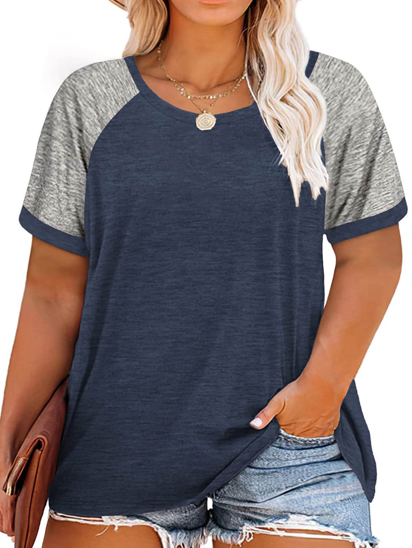 Plus Size Casual T-shirt, Women's Plus Colorblock Short Sleeve Round Neck Slight Stretch T-shirt