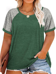 Plus Size Casual T-shirt, Women's Plus Colorblock Short Sleeve Round Neck Slight Stretch T-shirt