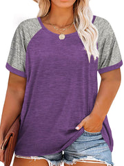 Plus Size Casual T-shirt, Women's Plus Colorblock Short Sleeve Round Neck Slight Stretch T-shirt