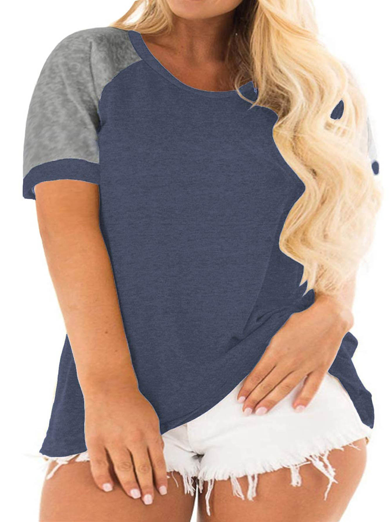 Plus Size Casual T-shirt, Women's Plus Colorblock Short Sleeve Round Neck Slight Stretch T-shirt