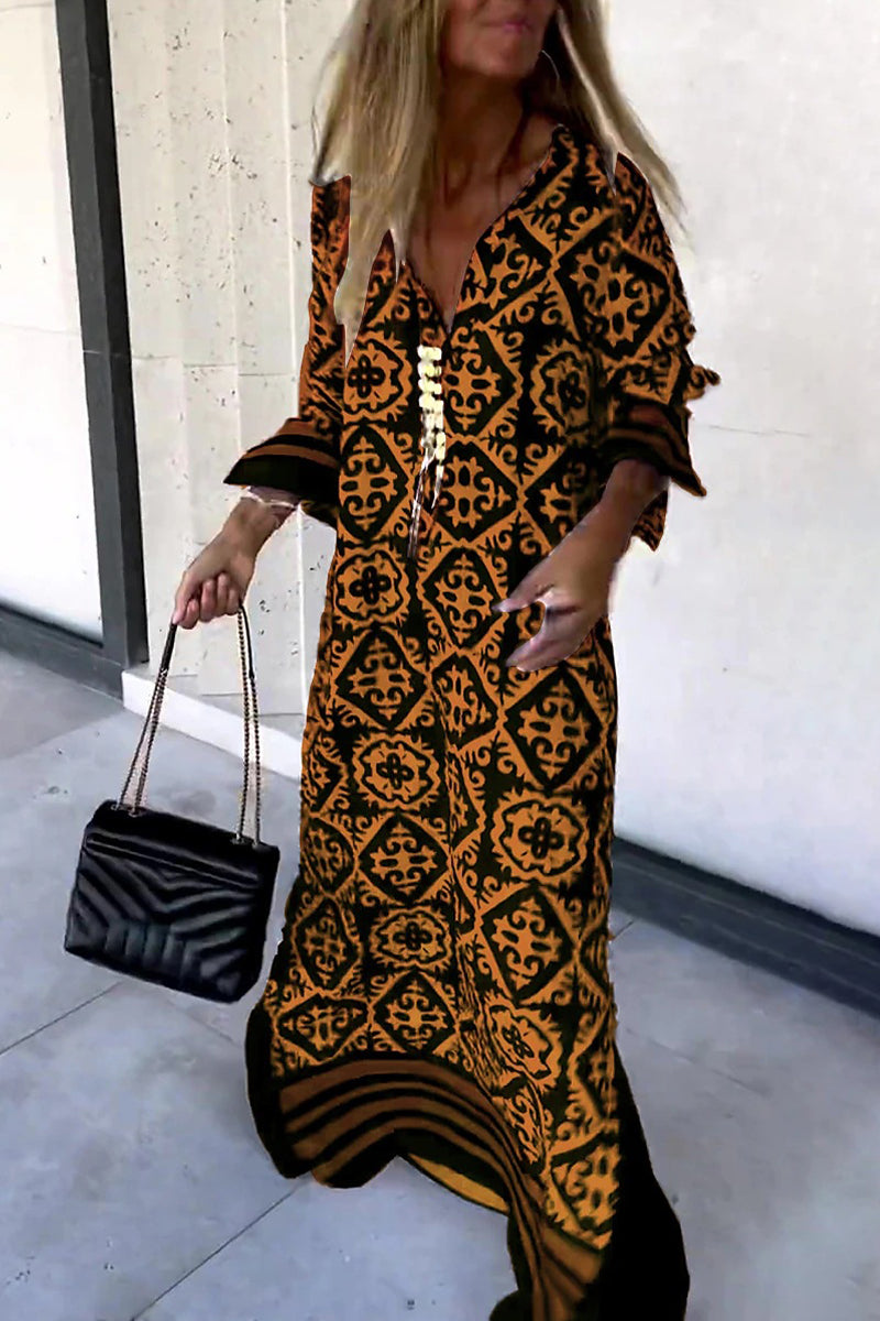 Street College Geometric Print Contrast V Neck Printed Dress Maxi Dresses