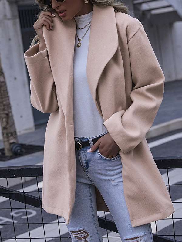 Fashionable elegant women plain turn down neck long coats