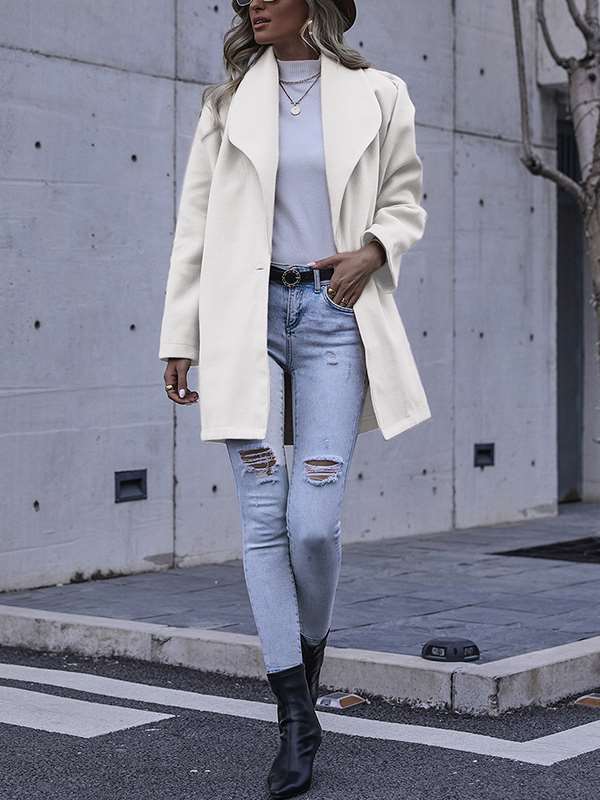 Fashionable elegant women plain turn down neck long coats
