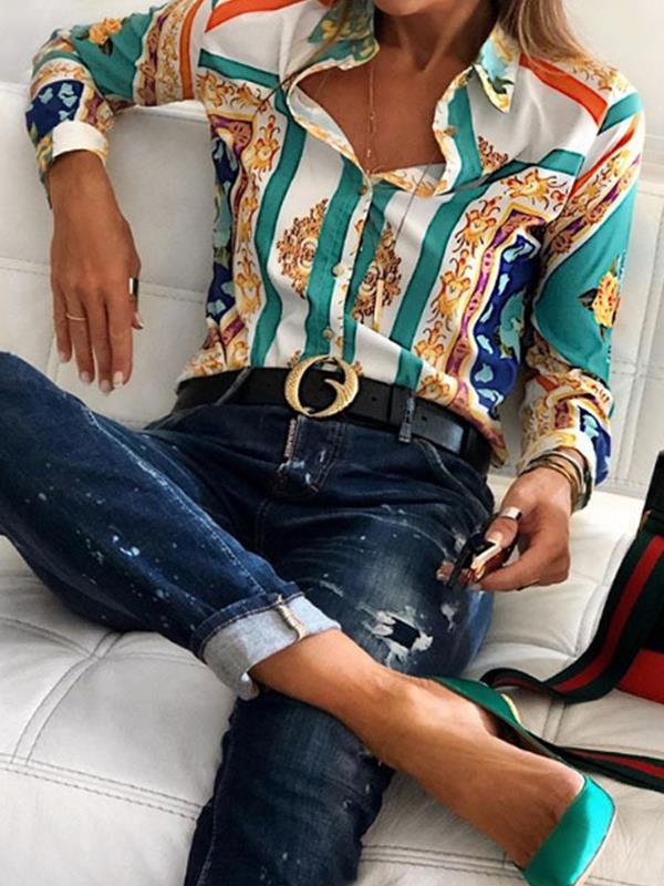 Fashionable printed long sleeve sexy commuter blouses