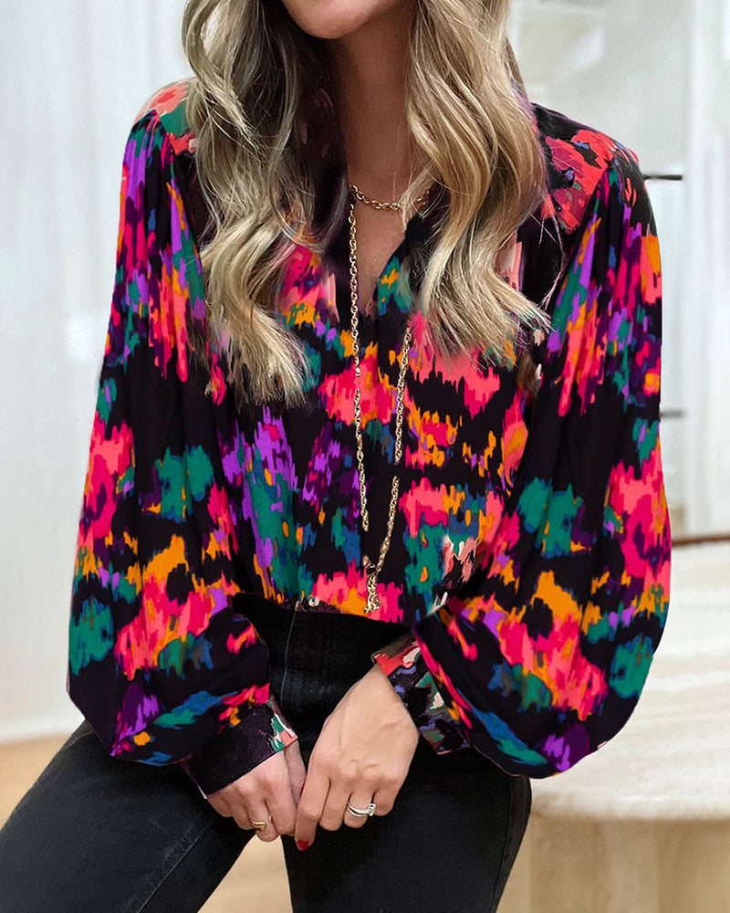 Bubble Sleeve Lapel V Neck Print Chiffon Shirt