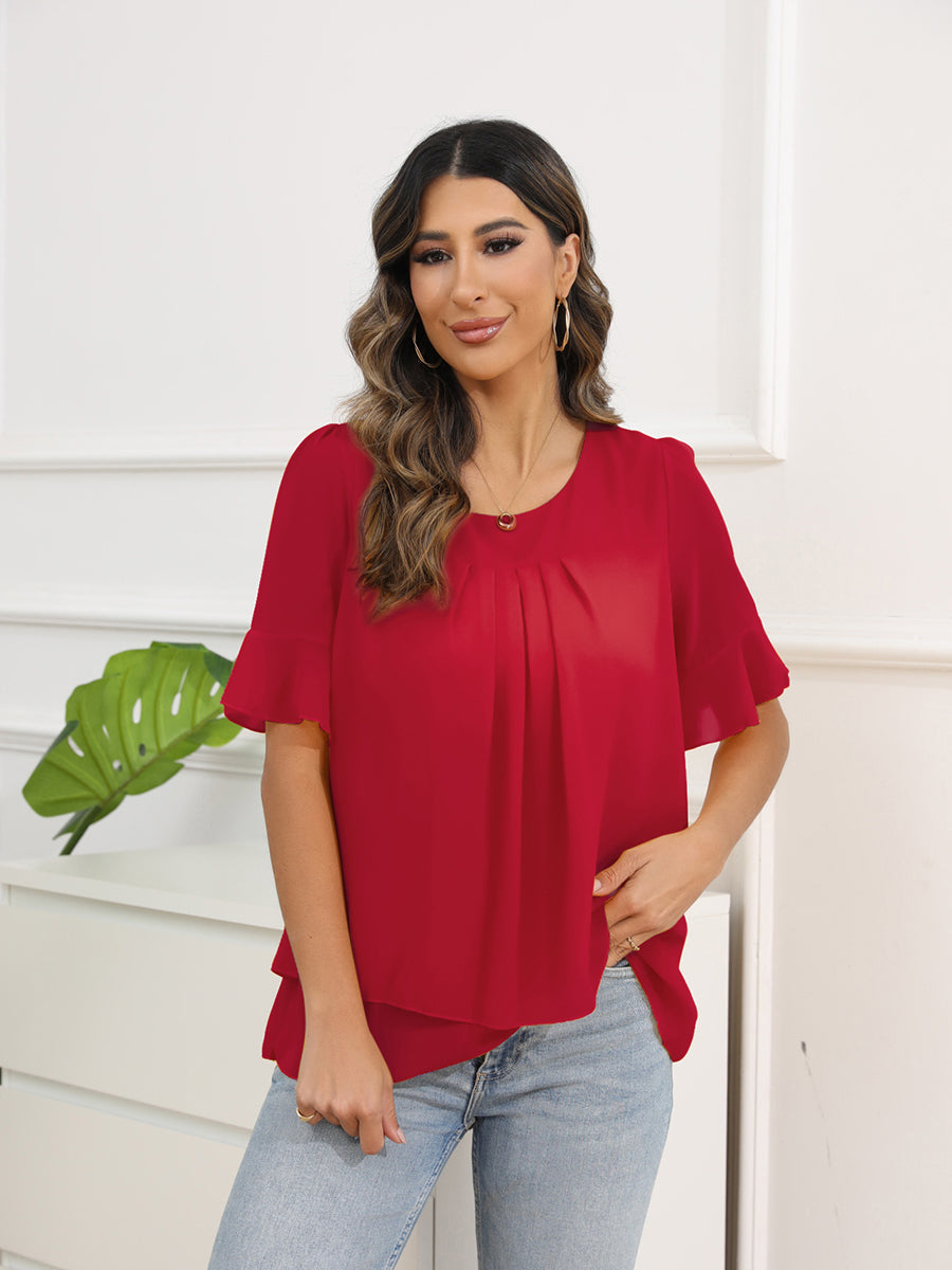 Solid Color Round Neck Short Sleeve Pleated Chiffon Blouse