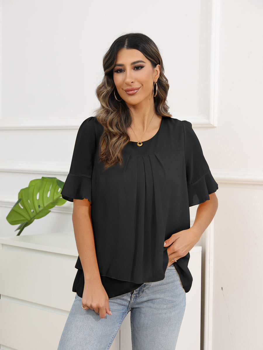 Solid Color Round Neck Short Sleeve Pleated Chiffon Blouse