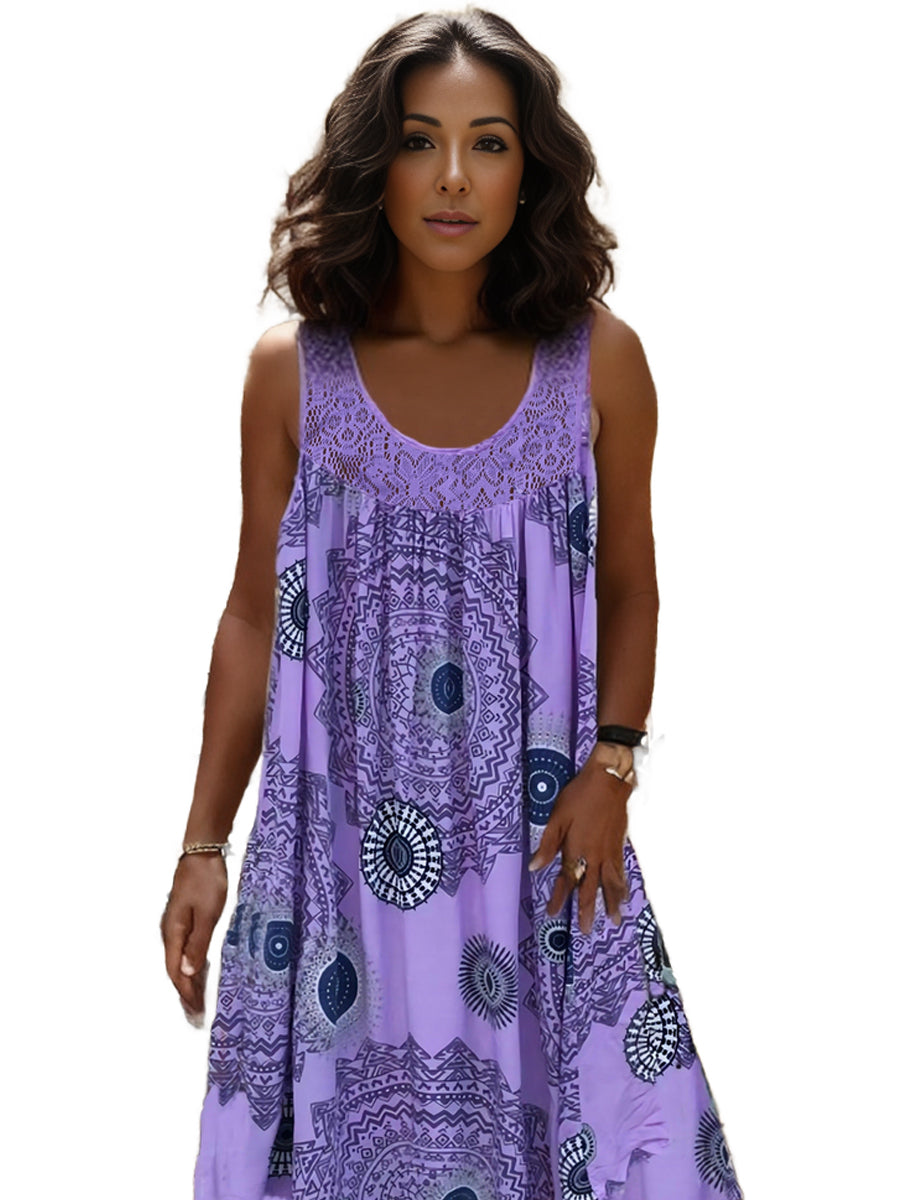 Plus Size Casual Dress, Women's Plus Tile Print Eyelet Embroidered Round Neck Tank Dress