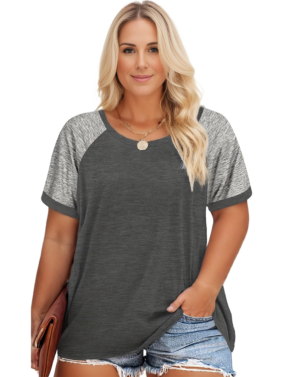 Plus Size Casual T-shirt, Women's Plus Colorblock Short Sleeve Round Neck Slight Stretch T-shirt