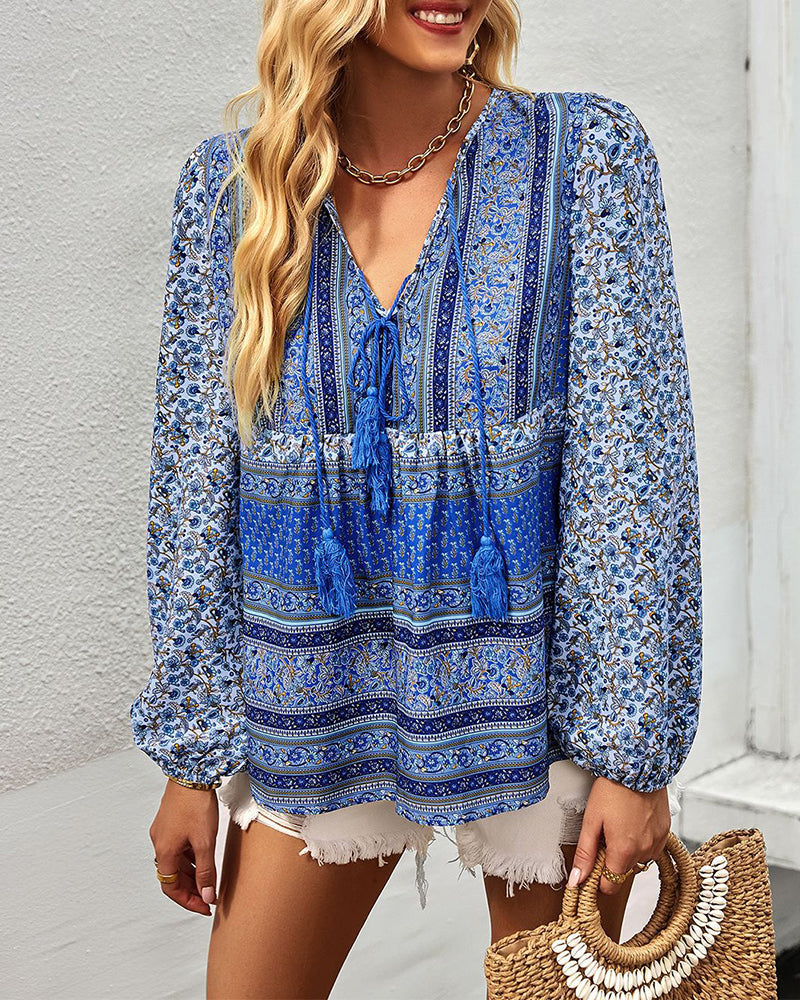 Casual Boho V Neck Top Loose Floral Print Long Sleeve Beach Shirt