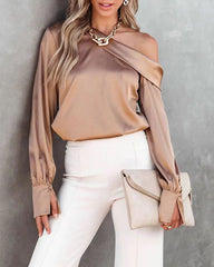 Asymmetrical Neck Ruched Satin Blouse