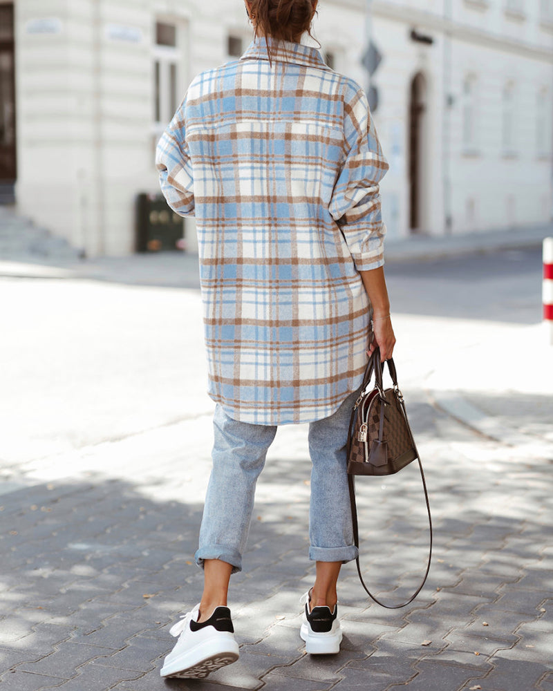 Button Down Oversized Flannel Plaid Print Shirt Jacket