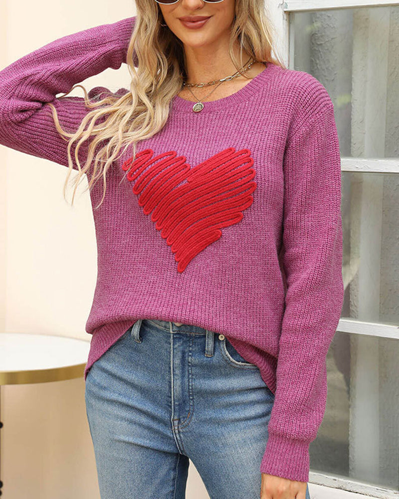 Casual Heart Round Neck Pullovers Long Sleeve Sweaters