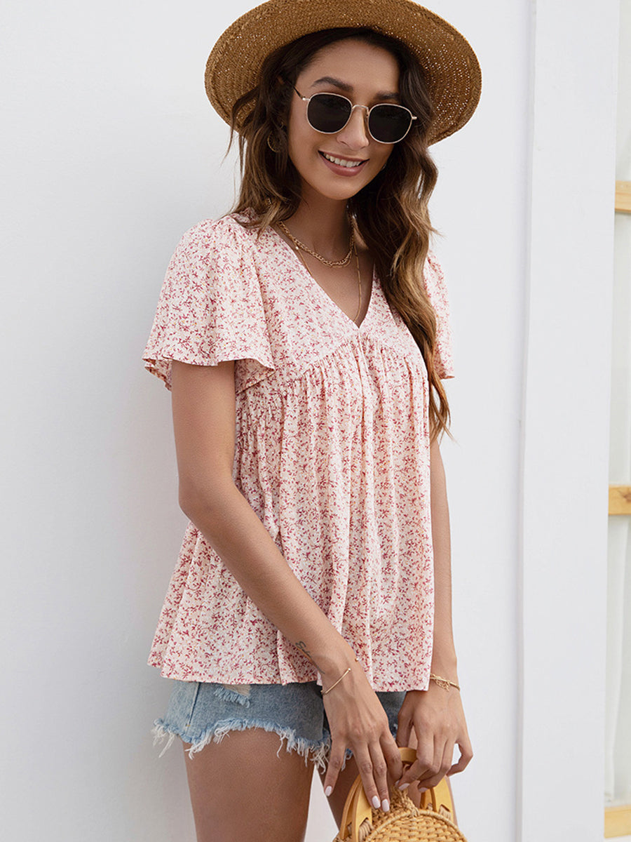 V-Neck Floral Printed Pattern Short Sleeve Loose Casual T-Shirt