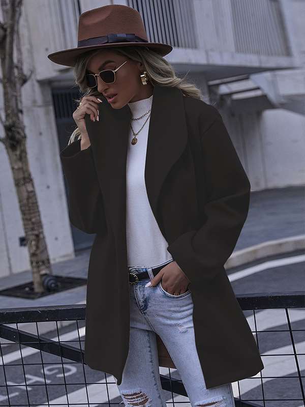 Fashionable elegant women plain turn down neck long coats