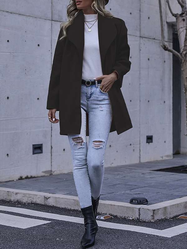 Fashionable elegant women plain turn down neck long coats