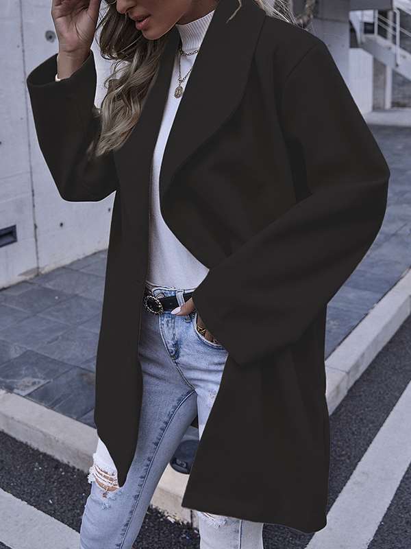 Fashionable elegant women plain turn down neck long coats