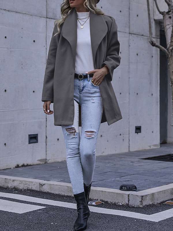 Fashionable elegant women plain turn down neck long coats