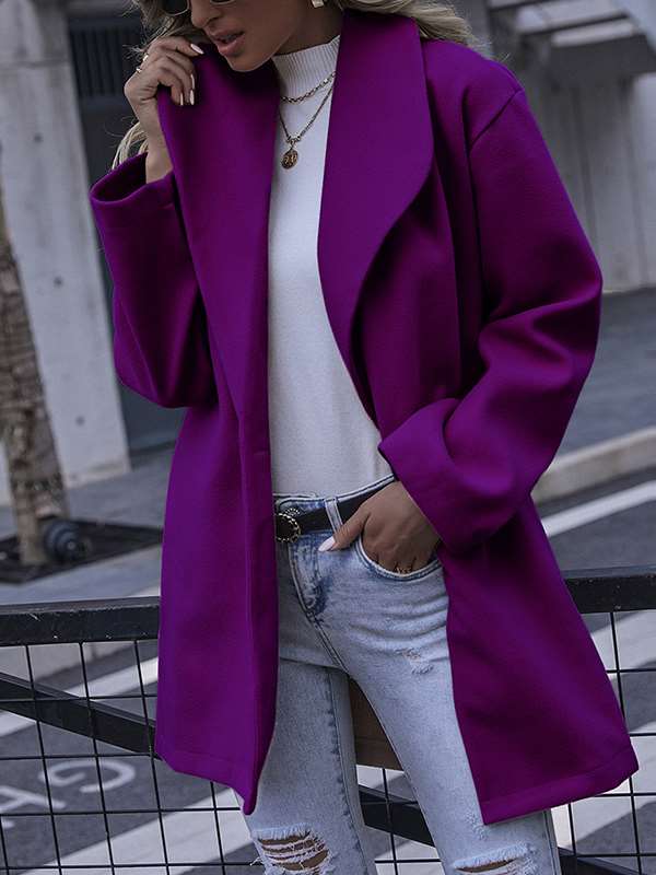Fashionable elegant women plain turn down neck long coats