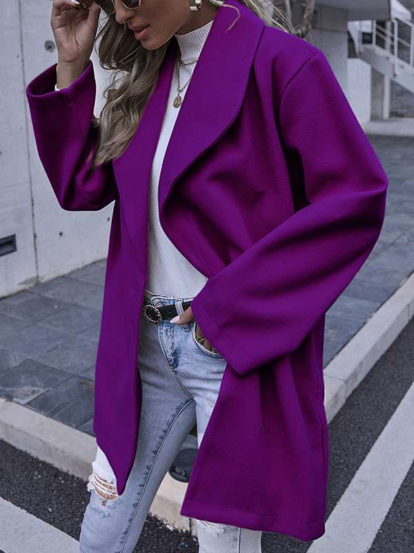 Fashionable elegant women plain turn down neck long coats