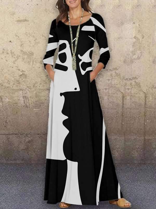 Fashion Vintage Women Printed Long Sleeve Maxi dressses