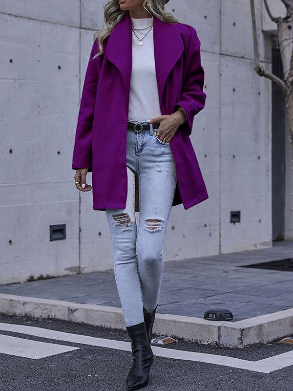 Fashionable elegant women plain turn down neck long coats