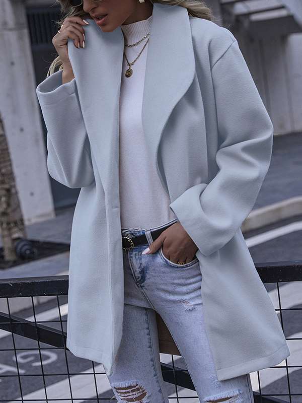 Fashionable elegant women plain turn down neck long coats