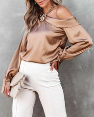 Asymmetrical Neck Ruched Satin Blouse