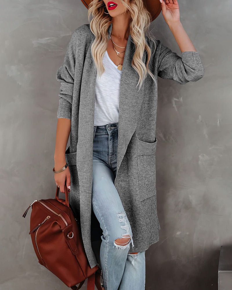 Casual Long Sleeve Draped Open Front Knit Pockets Long Cardigan Jackets Sweater