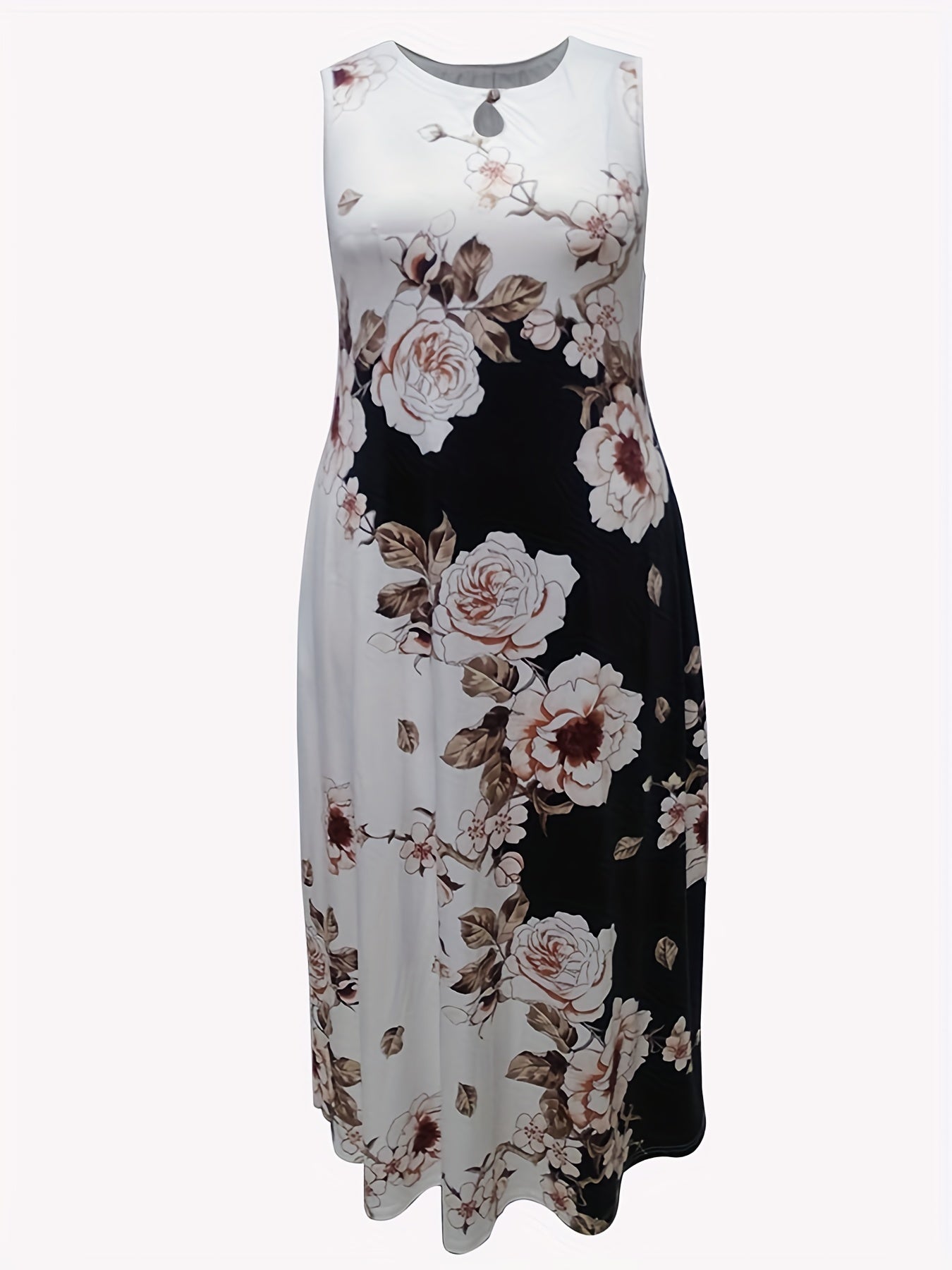 Plus Size Casual Tank Dress, Women's Plus Colorblock Floral Print Cut Out Round Neck Medium Stretch Maxi Tank Dress