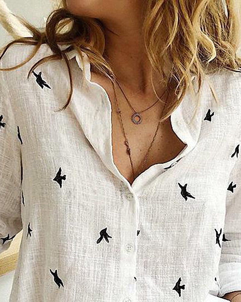 Casual Lapel 3/4 Sleeve Tops Cute Print Lapel Blouse Loose Fit T Shirt