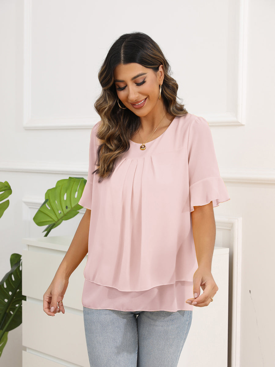 Solid Color Round Neck Short Sleeve Pleated Chiffon Blouse