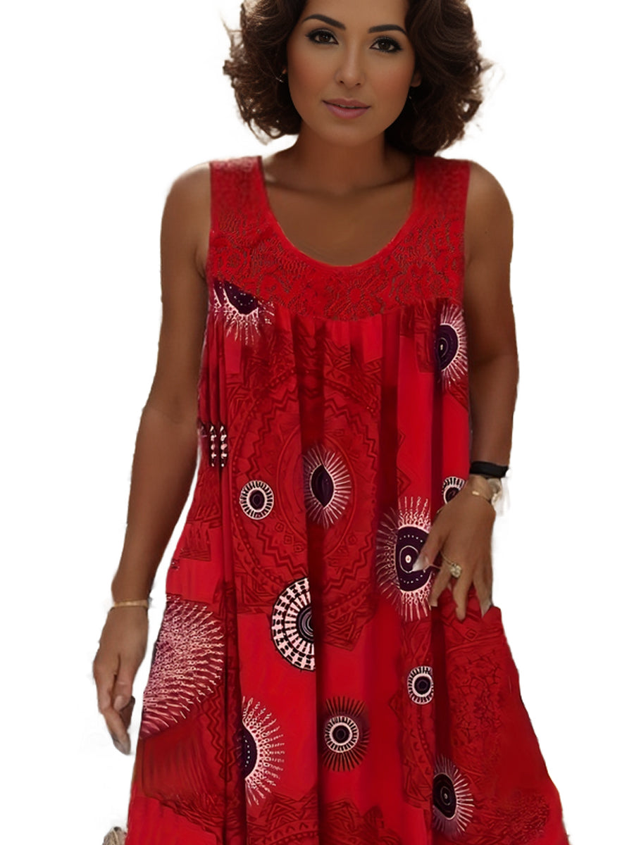 Plus Size Casual Dress, Women's Plus Tile Print Eyelet Embroidered Round Neck Tank Dress