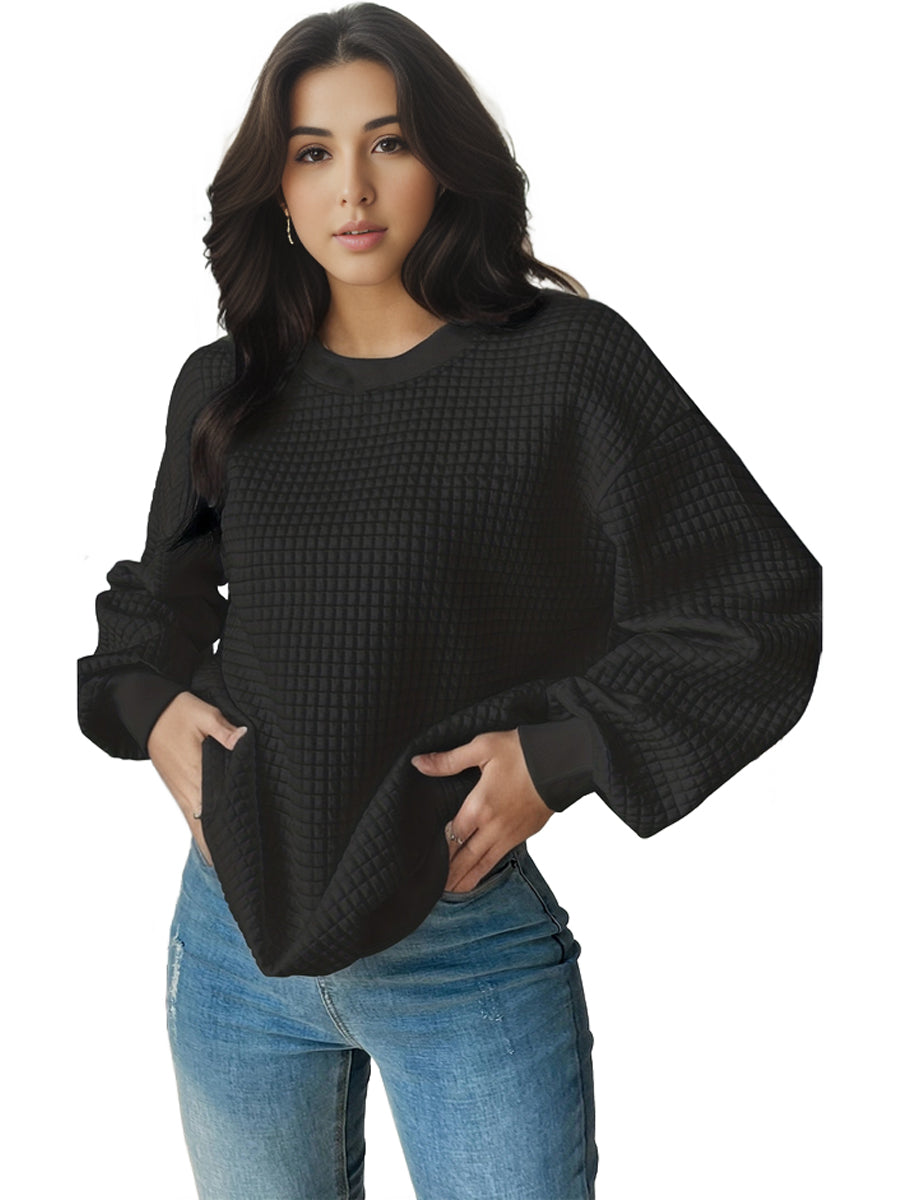 Plus Size Casual Sweatshirt, Women's Plus Solid Waffle Pattern Long Sleeve Round Neck Sweatshirt