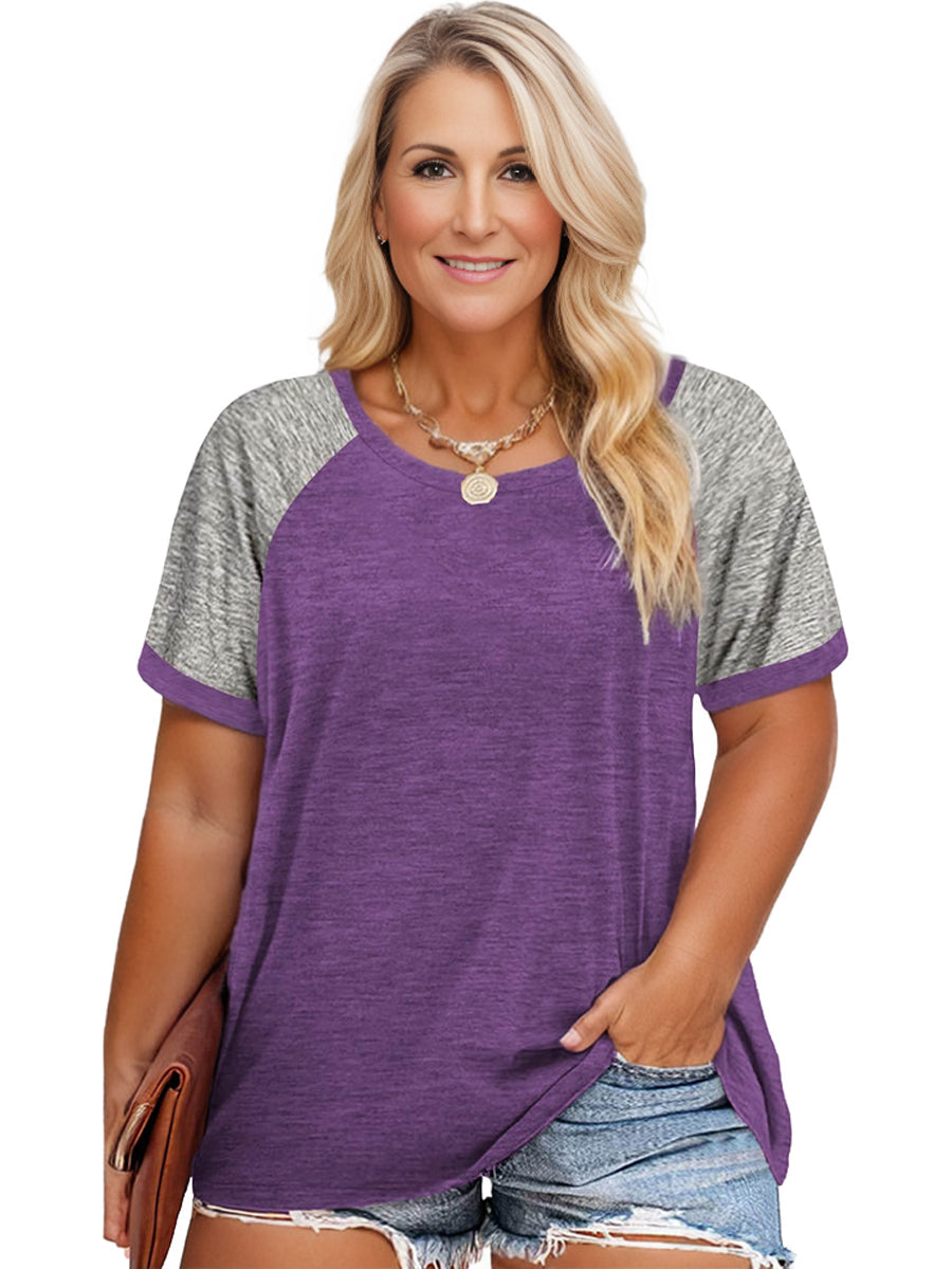 Plus Size Casual T-shirt, Women's Plus Colorblock Short Sleeve Round Neck Slight Stretch T-shirt