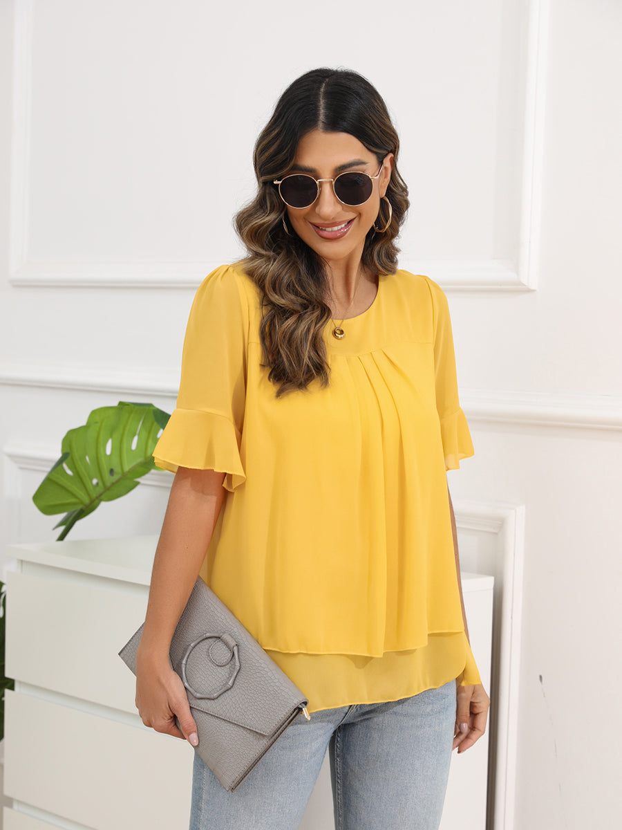 Solid Color Round Neck Short Sleeve Pleated Chiffon Blouse